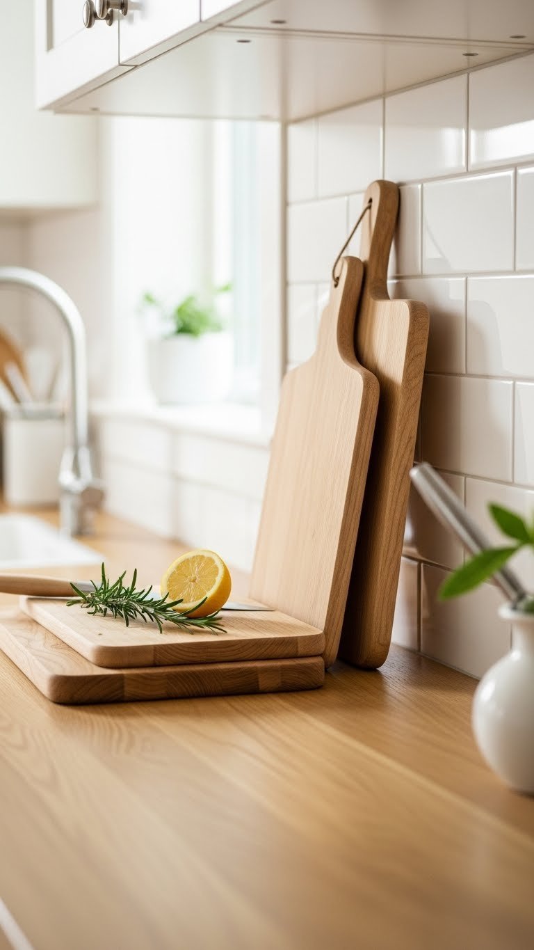 Stacked natural wood cutting boards leaning against white subway tile backsplash with rosemary sprig in scandi kitchen setting