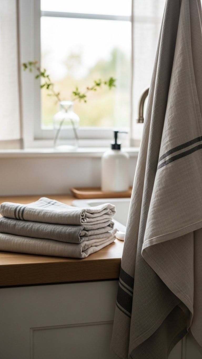 Stacked textured linen tea towels draped over wooden towel bar with kitchen window backdrop