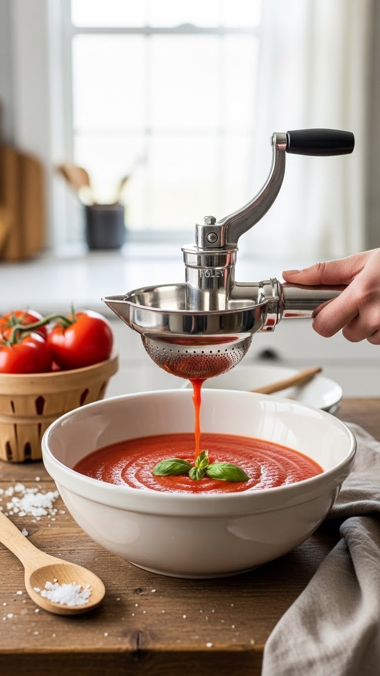 Stainless steel Foley food mill straining tomato puree into ceramic bowl with fresh basil