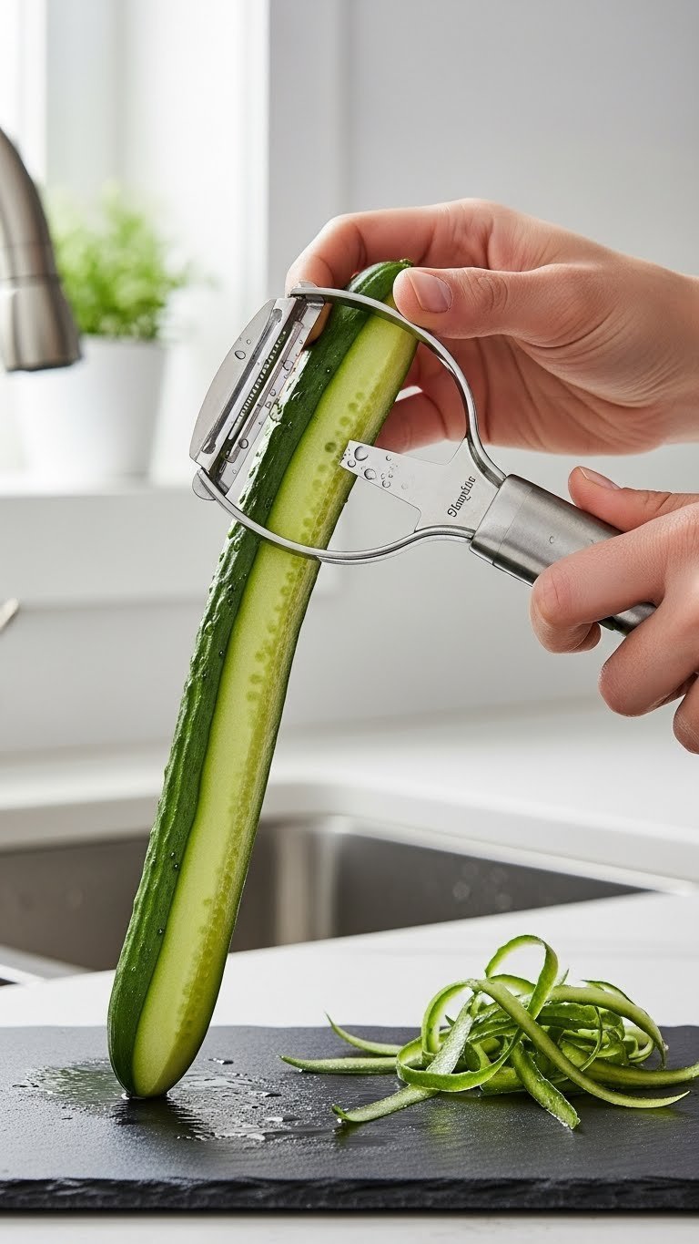 Kitchen Gadgets Asmr: 7 Essential Satisfying Sounds 9 Stainless steel Y-peeler creating paper-thin cucumber peel on dark slate cutting board with water droplets