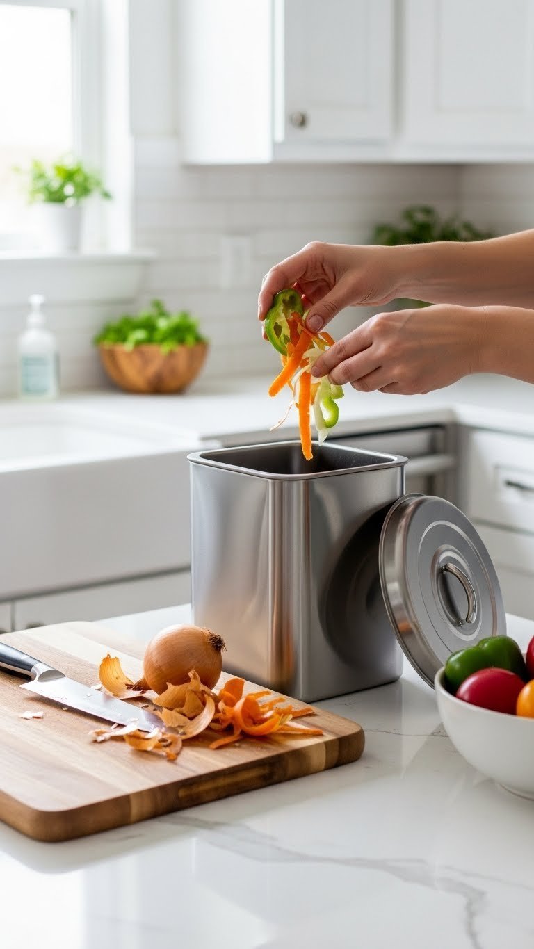 Eco Friendly Kitchen Gadgets: 9 Essential Swaps For 2025 9 Stainless steel countertop compost bin receiving vegetable scraps from wooden cutting board on quartz countertop
