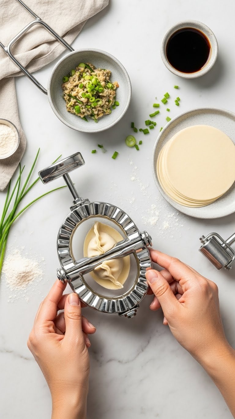 11 Essential Chinese Kitchen Gadgets: Master Authentic Cooking 7 Stainless steel dumpling maker set with perfectly folded dumpling and filling ingredients arranged on marble countertop