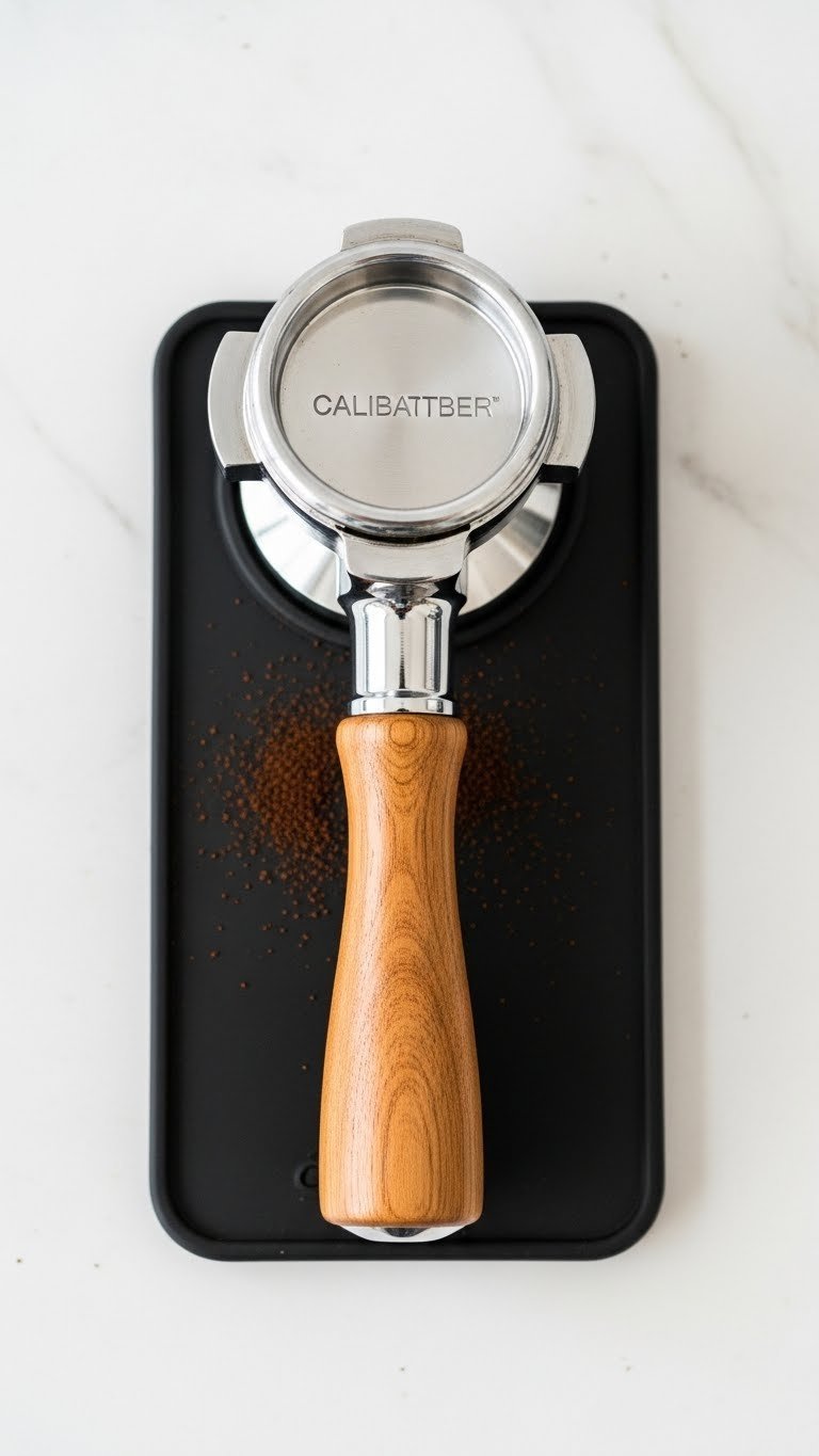 Stainless steel espresso tamper with wood handle resting on black silicone tamping mat