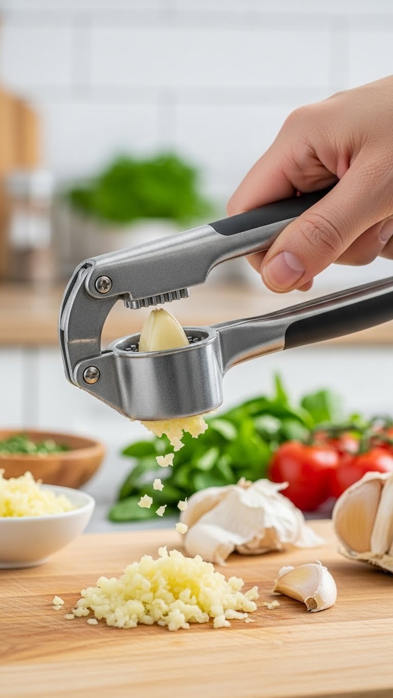 Stainless steel garlic press mincing fresh garlic clove on light wooden cutting board with herbs nearby