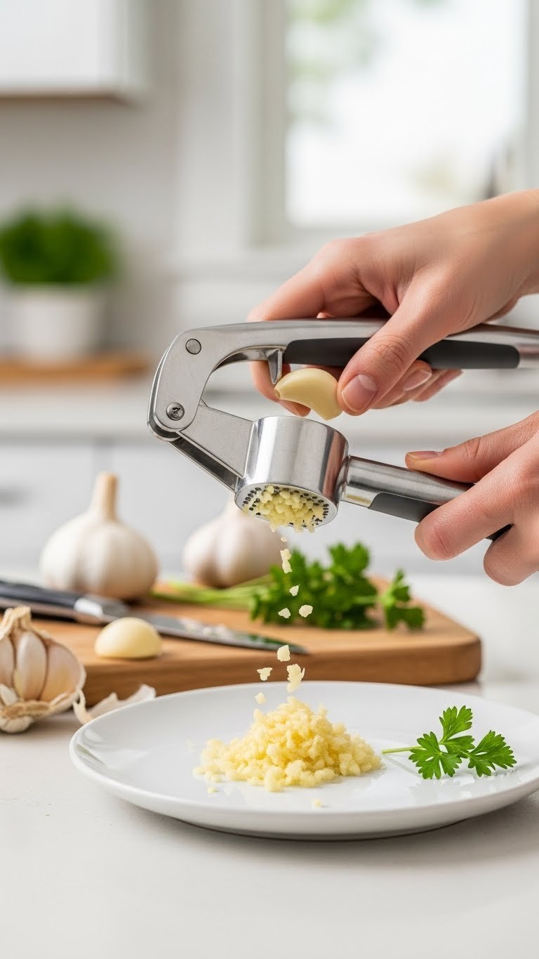 Stainless steel garlic press mincing fresh garlic cloves with minced garlic ready on white plate
