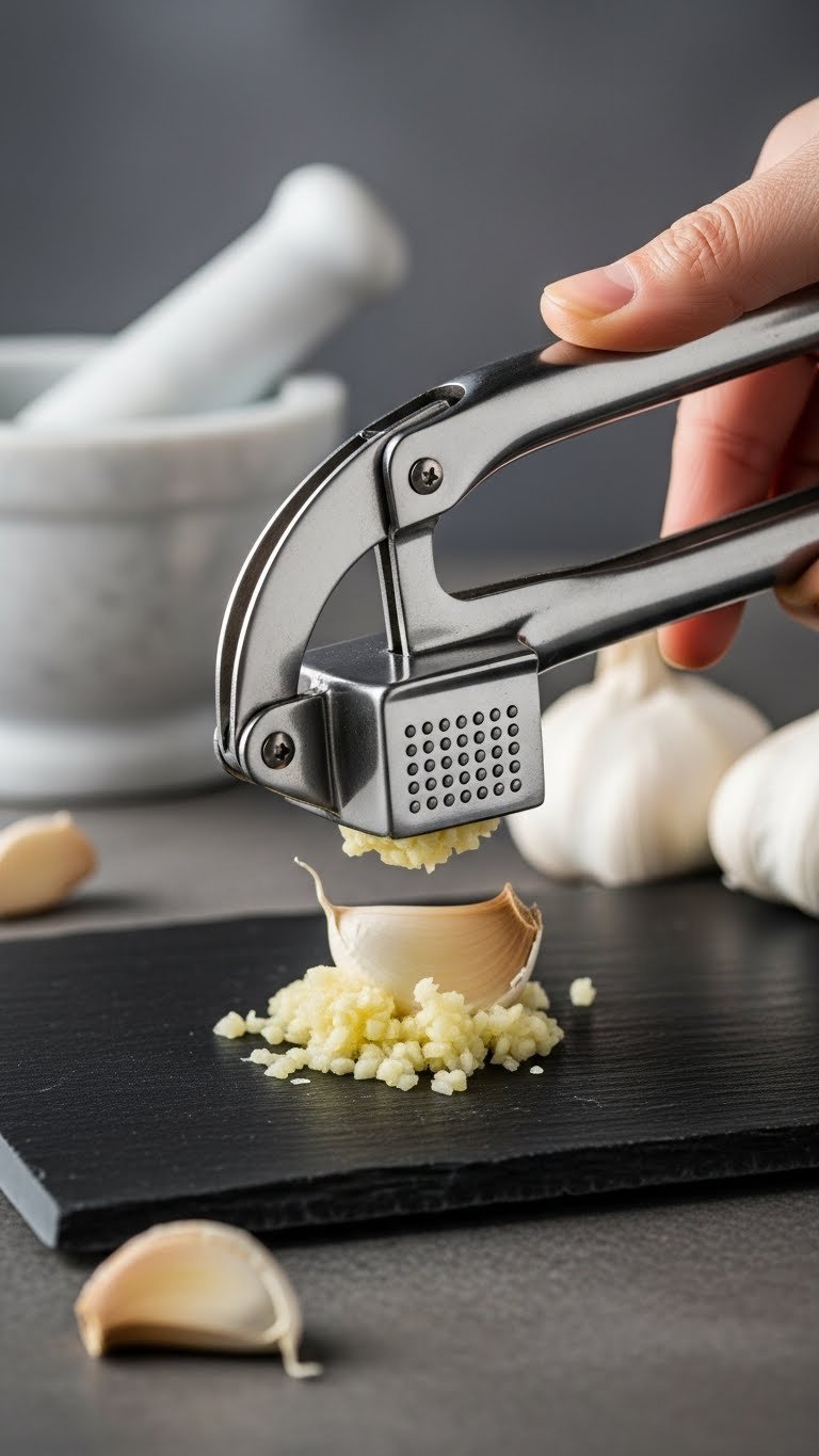 Stainless steel garlic press rocker mincing garlic clove on dark slate cutting board with mortar and pestle background