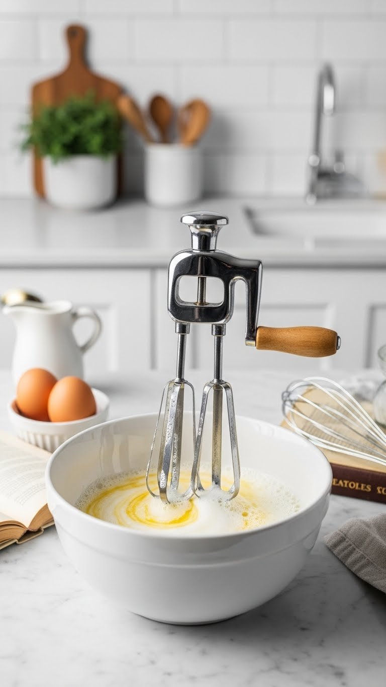 Stainless steel hand-crank egg beater creating frothy egg whites in ceramic mixing bowl