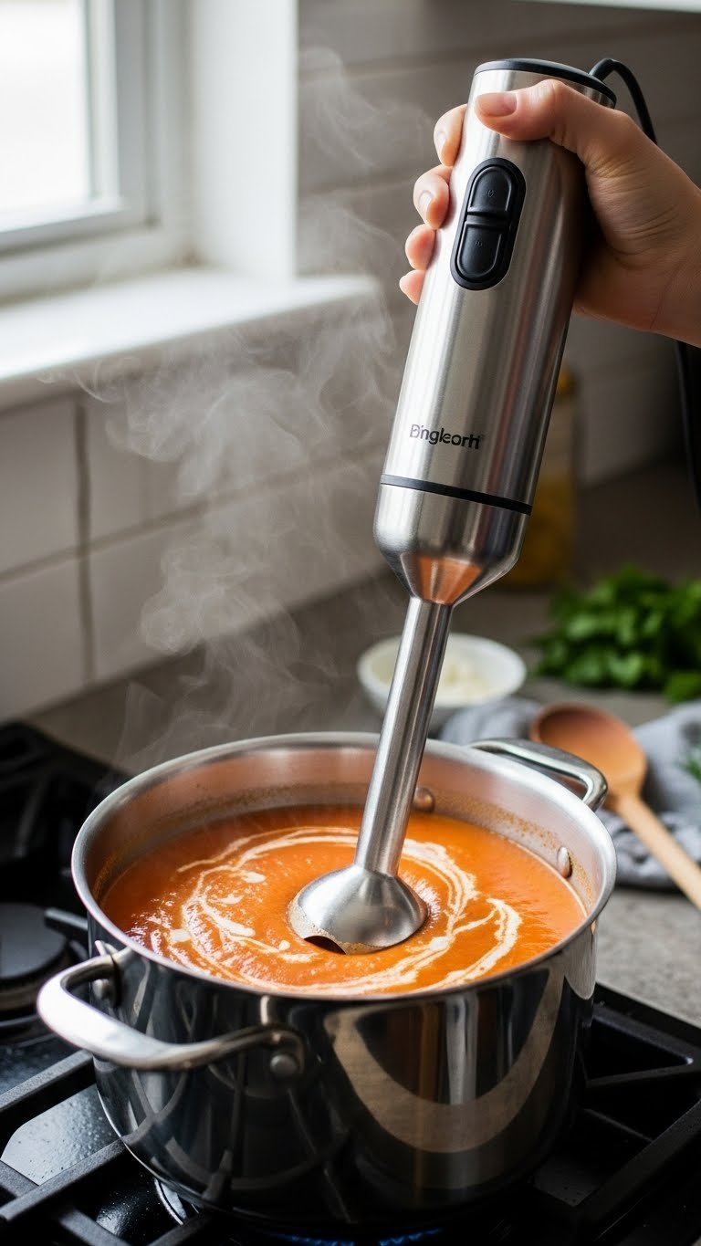 Stainless steel immersion blender pureeing creamy tomato soup in pot with steam rising gently