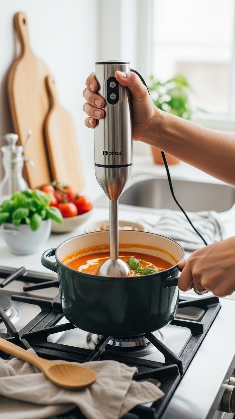 Stainless steel mini immersion blender blending creamy tomato soup in enamel pot on stove with natural window light
