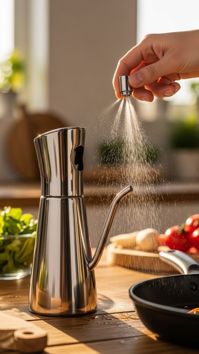 Stainless steel oil sprayer emitting fine mist over salad on rustic wooden table with golden hour lighting