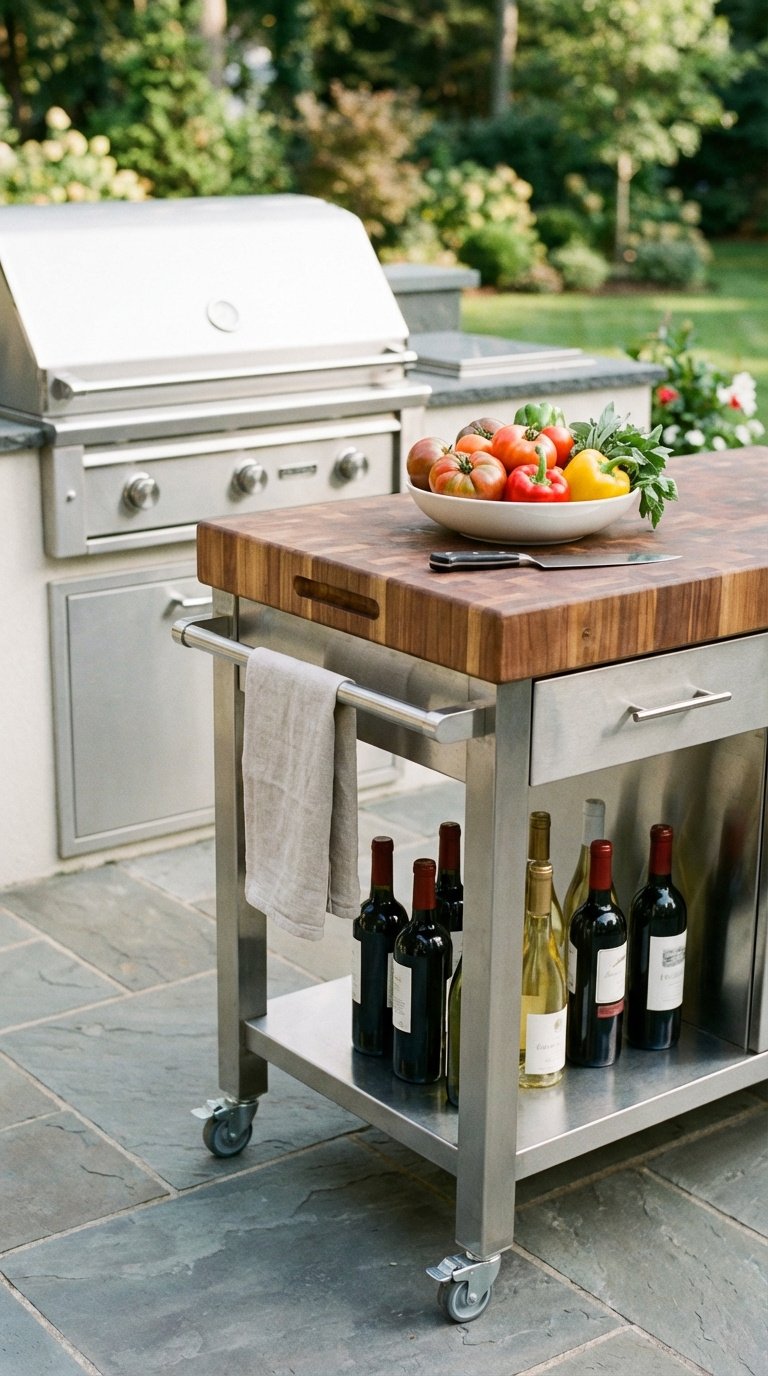 Stainless steel outdoor kitchen cart with butcher block top and vegetables