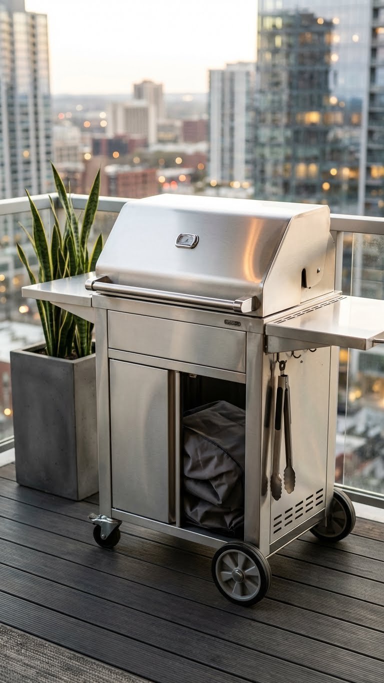 Stainless steel portable grill station on modern balcony with fold-down side tables and storage