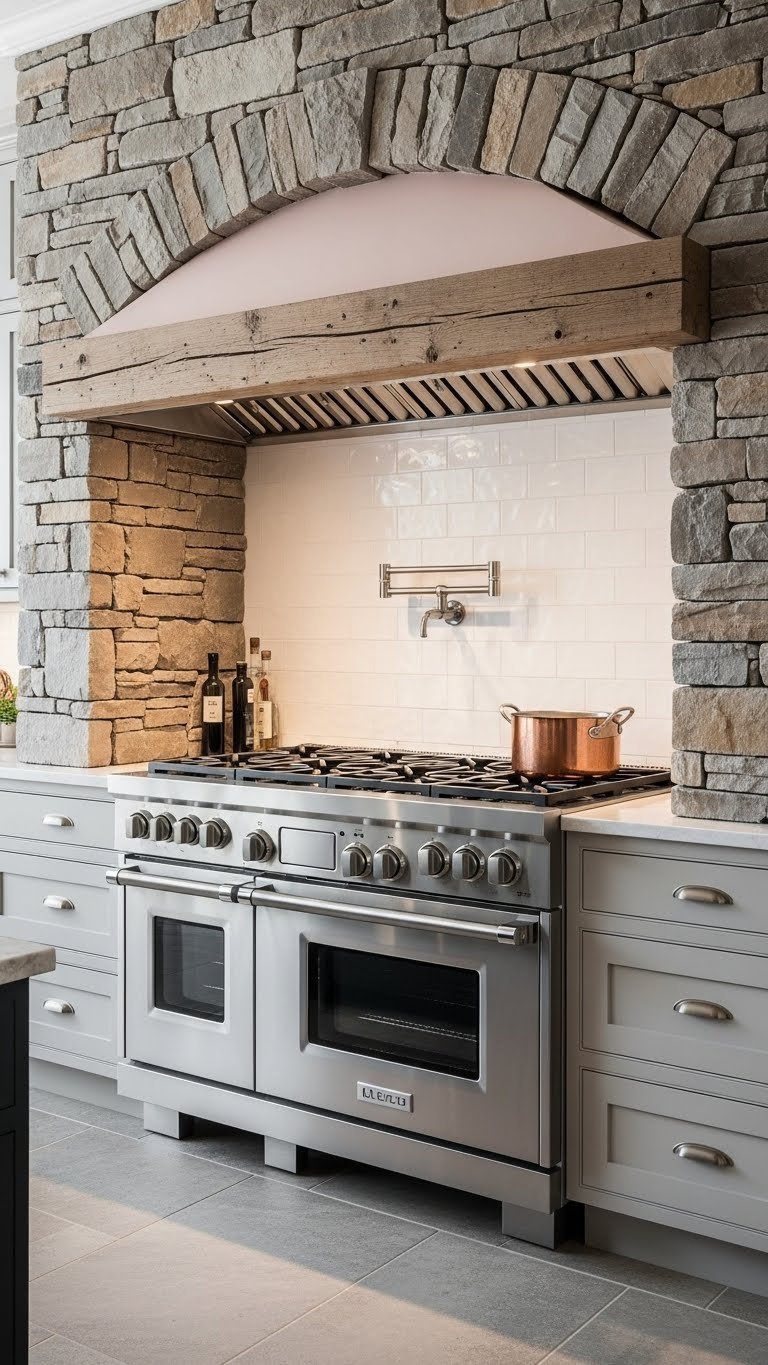 Stainless steel professional range integrated into rustic stone alcove blending modern and traditional design