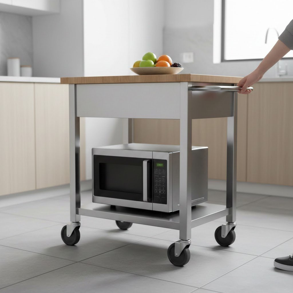 Small Kitchen Island: 7 Proven Ideas To Maximize Space 1 Stainless steel rolling kitchen island cart with butcher block top and microwave shelf providing extra counter space in modern minimalist kitchen.