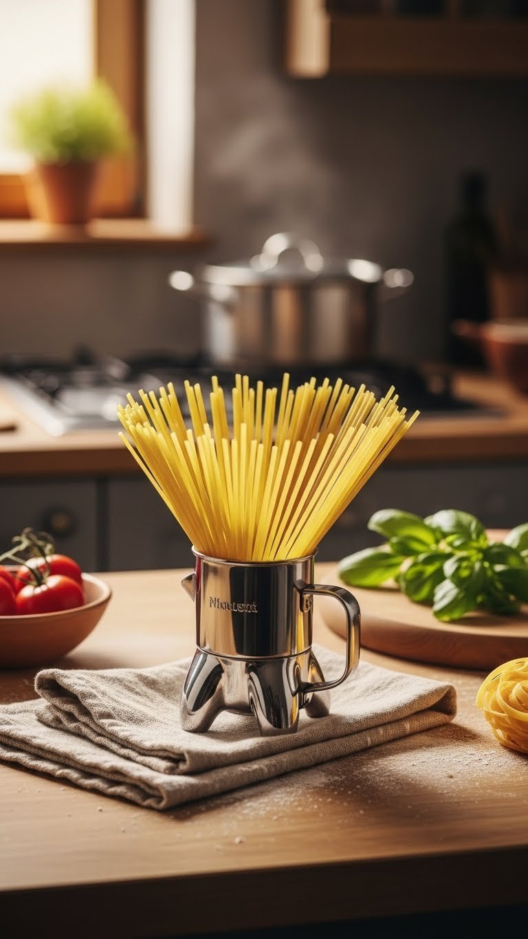 Stainless steel spaghetti measurer portioning dry pasta noodles for perfect serving sizes