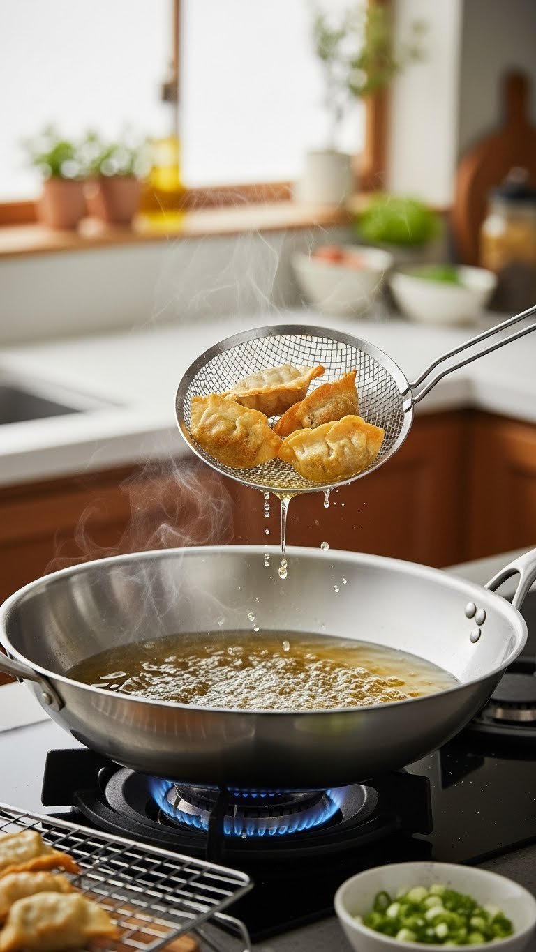 11 Essential Chinese Kitchen Gadgets: Master Authentic Cooking 17 Stainless steel spider skimmer lifting golden fried dumplings from bubbling wok of hot oil