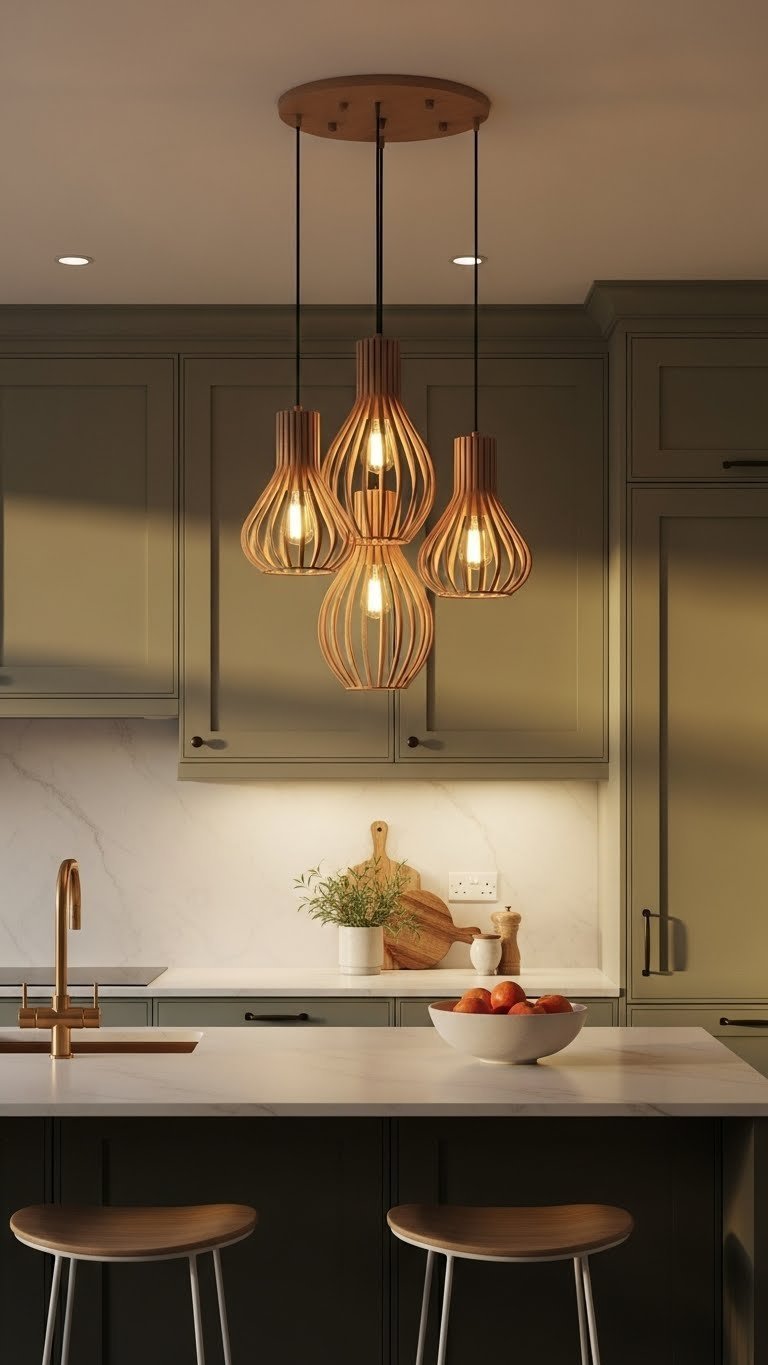 Statement pendant light fixture hanging above kitchen island with sage green cabinetry and minimalist bar stools