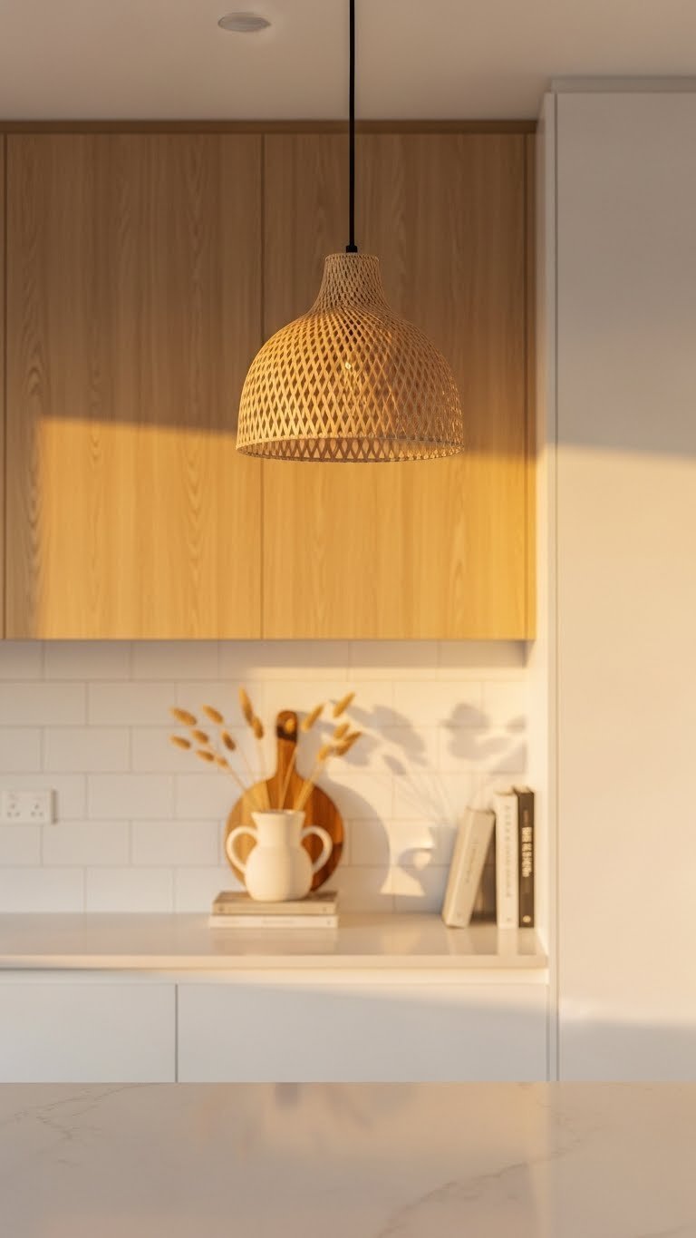 Statement pendant light fixture hanging against minimalist Scandi kitchen accent wall