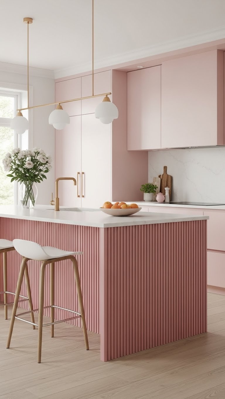 Statement pink kitchen island with waterfall countertop in bright minimalist Scandinavian kitchen