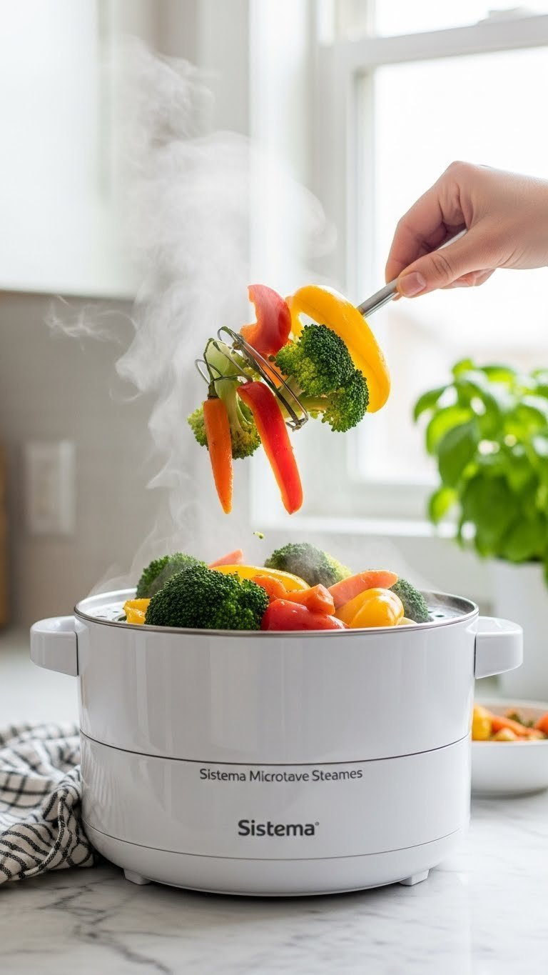 Steamed broccoli, carrots, and bell peppers being lifted from Sistema Microwave Steamer with steam rising in bright kitchen setting