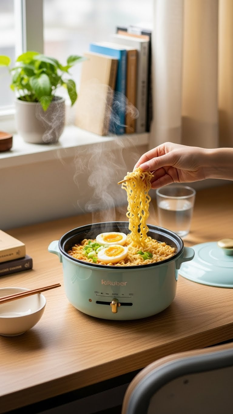 Steaming white electric hot pot filled with ramen noodles and soft-boiled egg on wooden dorm desk with chopsticks and soft bokeh background.
