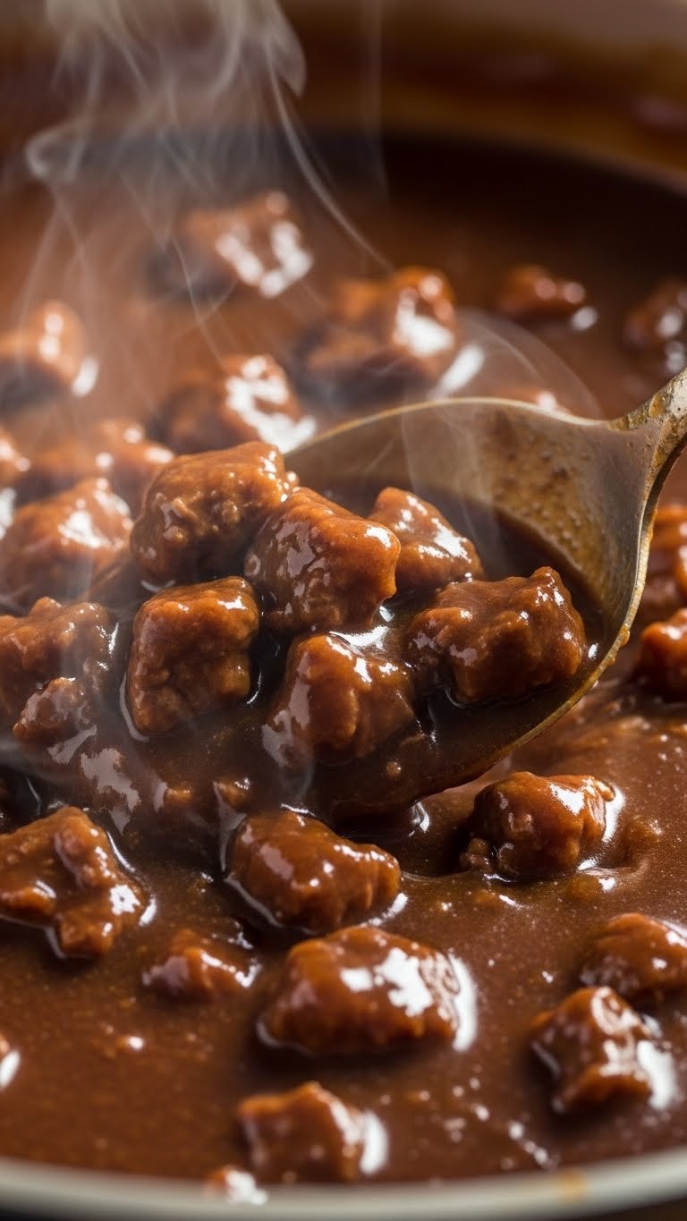 The Failproof Best Beef Stew Recipe For Cozy Dinners 13 Stirring thick beef stew with silver spoon showing glossy gravy texture