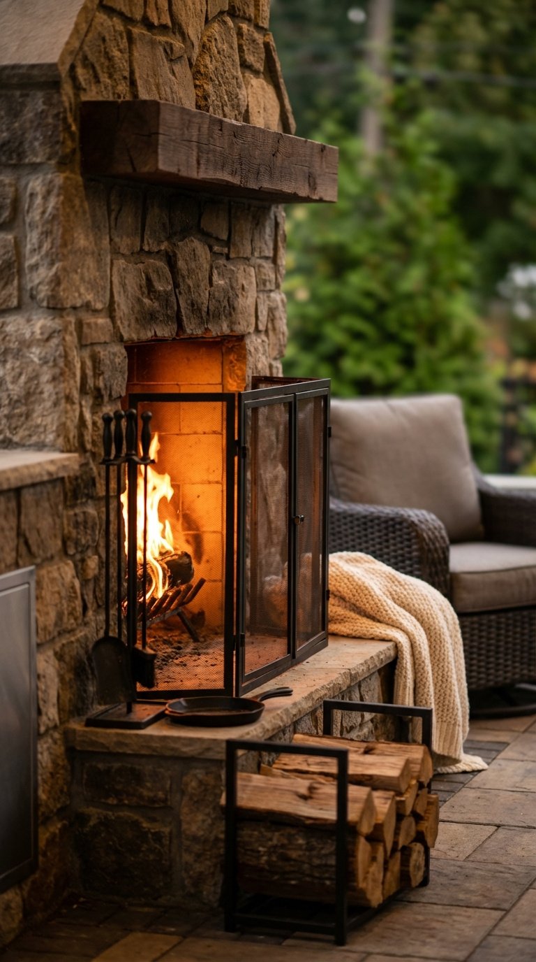 Outdoor Kitchen Modern Farmhouse 11 Stunning Design Ideas 9 Stone fireplace built into outdoor kitchen structure with roaring fire and rustic wood mantel