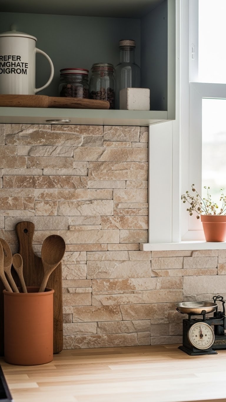 Stone or brick veneer backsplash with natural textures behind rustic countertop