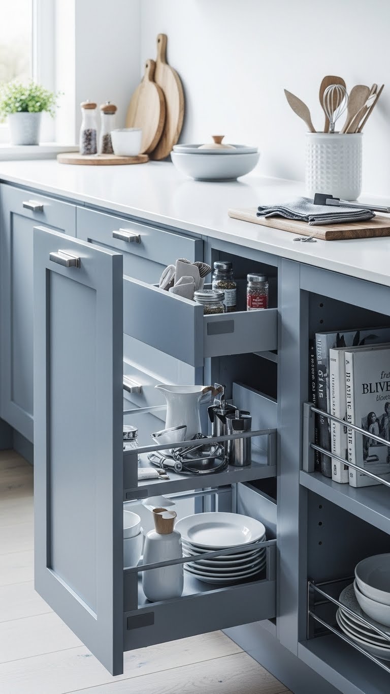 Storage-optimized galley kitchen island with deep drawers, pull-out shelving, and integrated bookshelf, organized with spices and dishes.