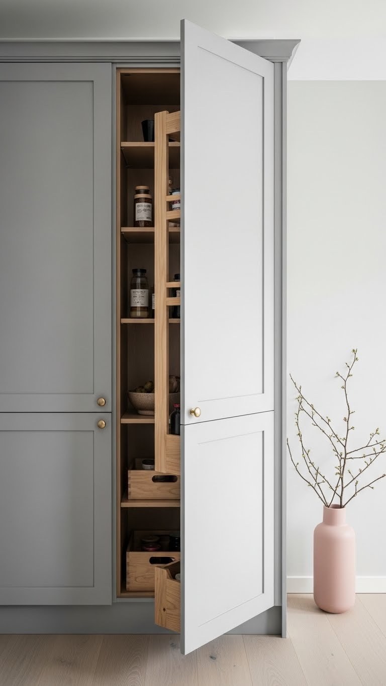 Straight-on shot of floor-to-ceiling grey pantry cabinet with handle-less doors slightly ajar revealing organized shelves