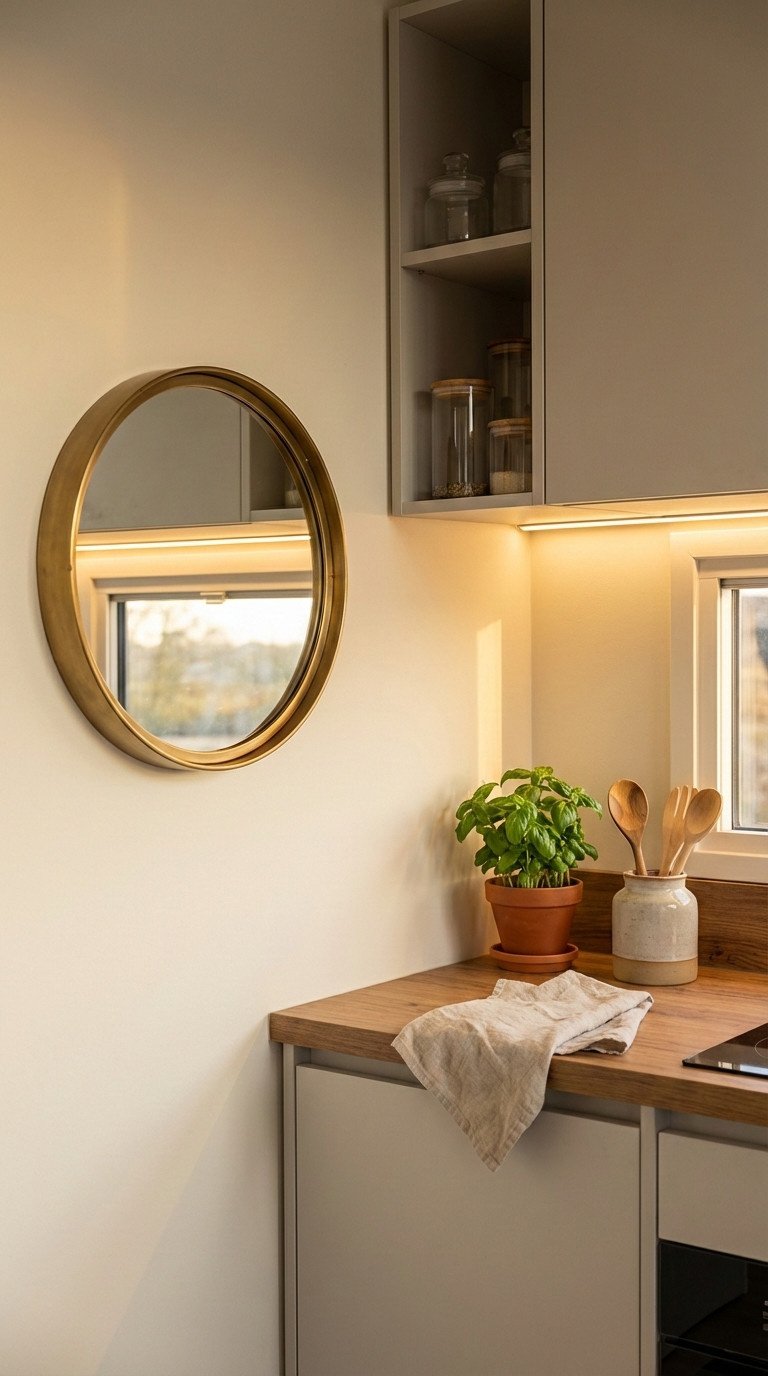 Strategic mirror and lighting creating expanded space illusion in a compact kitchen with warm golden hour glow