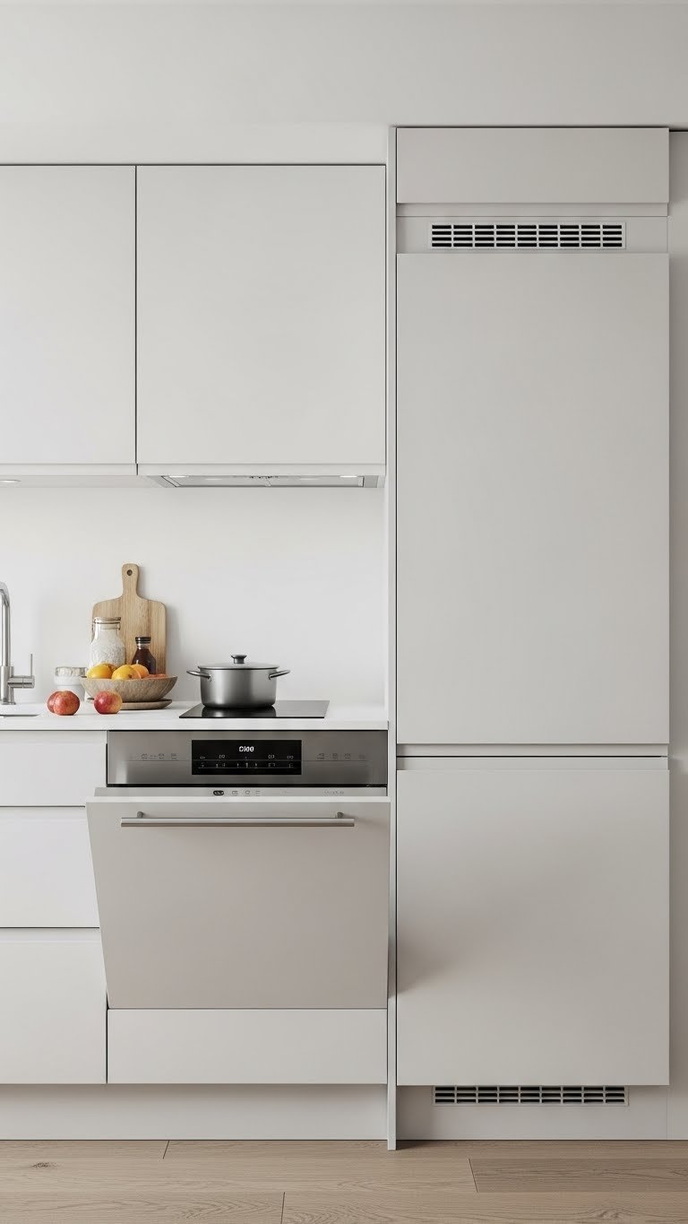 Streamlined kitchen with panel-ready appliances seamlessly integrated into cabinetry