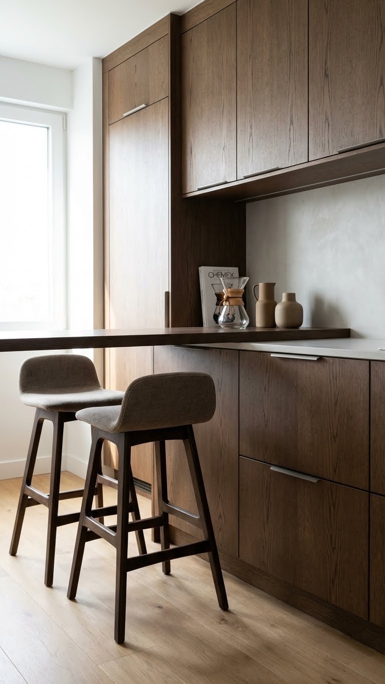 Streamlined mid-century modern dark oak flat-panel cabinets, tapered wooden bar stools, integrated metal handles. Clean kitchen design.