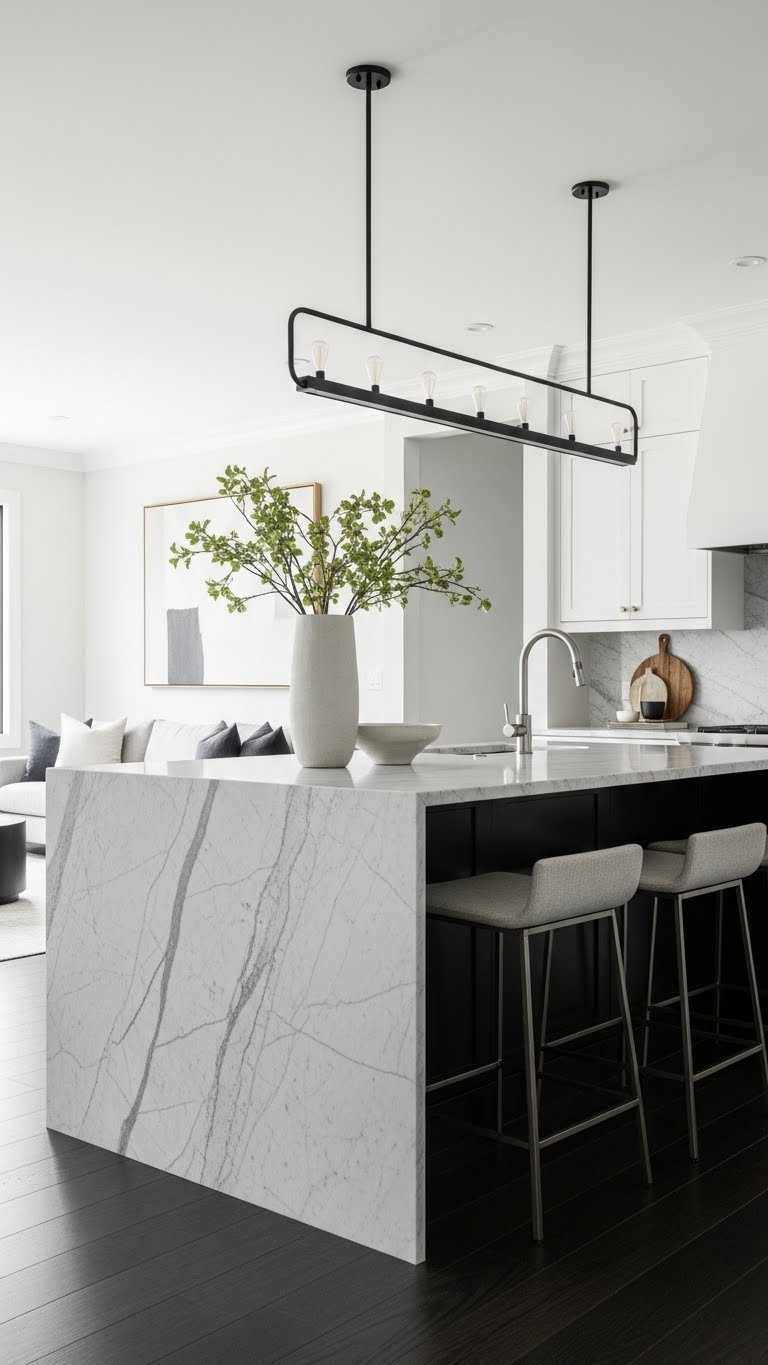 Striking kitchen island with waterfall edge light gray marble countertop, strong veining, dark cabinetry. Elegant open concept design.