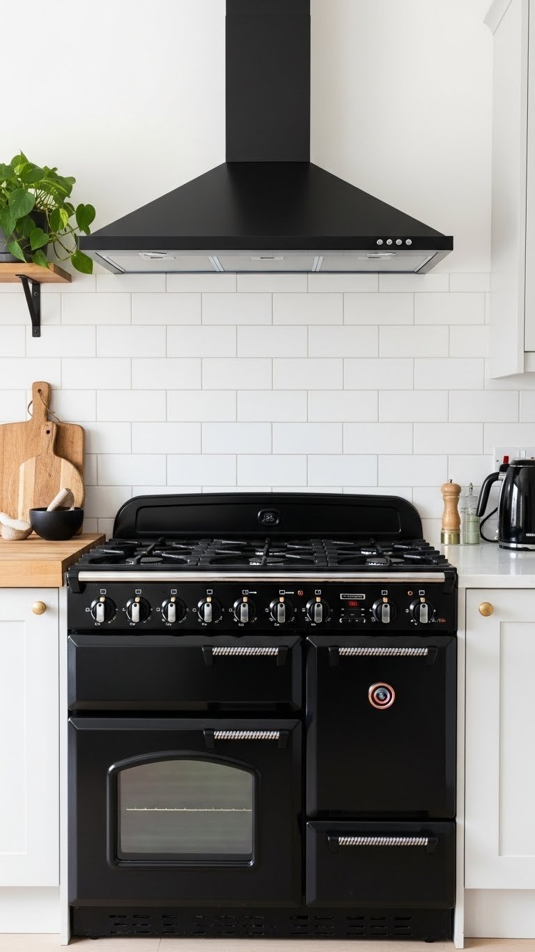 Striking matte black range cooker with brass accents contrasting against bright white Scandinavian kitchen cabinetry.