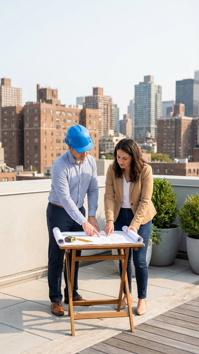Outdoor Kitchen Rooftop Complete Planning Design Guide 1 Structural engineer and homeowner reviewing blueprints on urban rooftop during professional assessment of rooftop kitchen installation