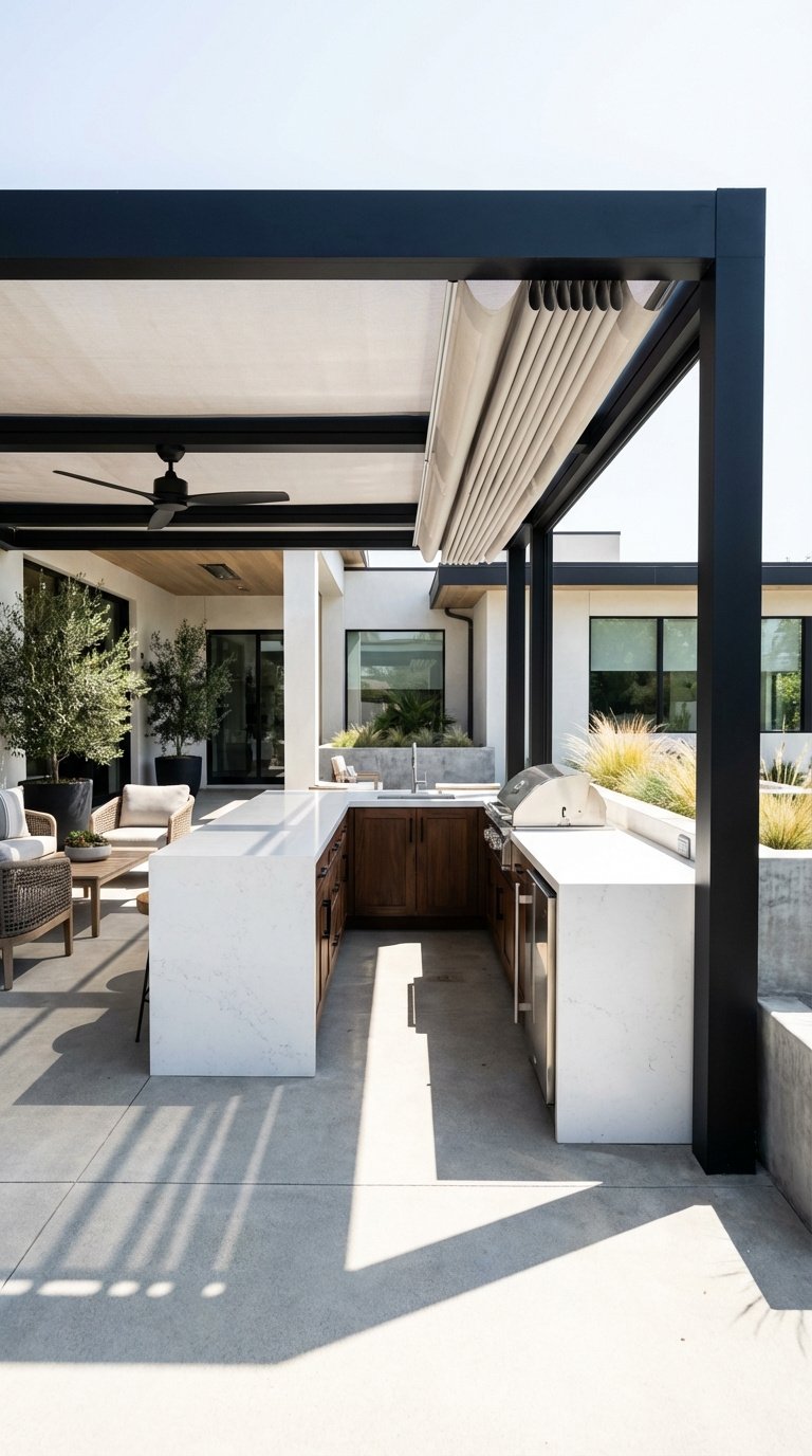 Outdoor Kitchen L Shape Complete Planning And Design Guide 15 Stunning L-shaped outdoor kitchen under modern black aluminum pergola with retractable canopy on concrete patio