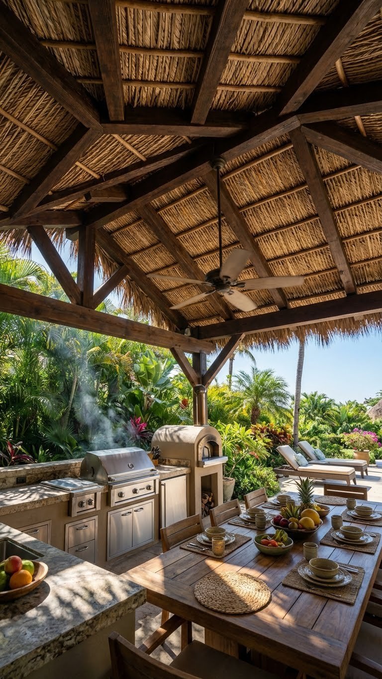 Outdoor Kitchen Tropical Design Ideas For A Resort Style Backyard 7 Stunning tropical outdoor kitchen under thatched roof pergola with dark wood beams and dappled sunlight filtering through