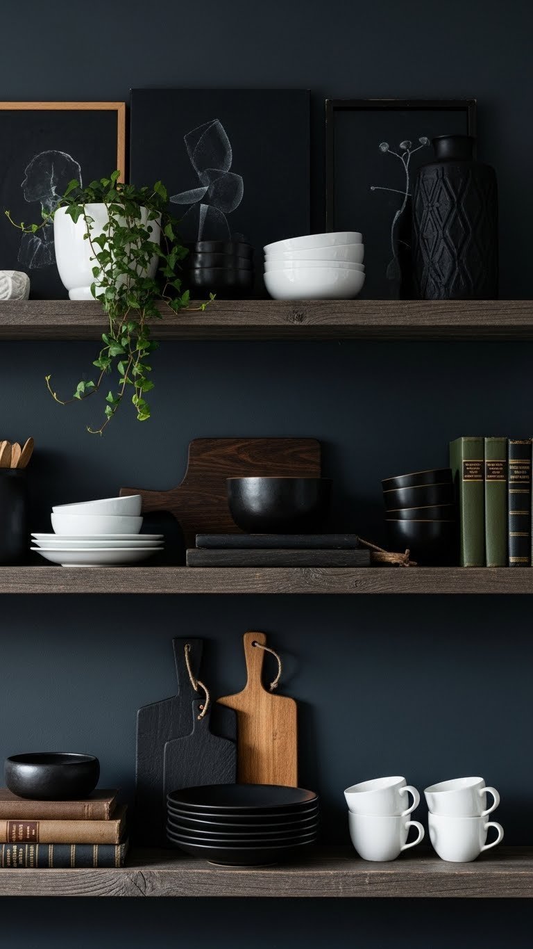 Dark Kitchen Aesthetic: 7 Ideas For Elevated Cooking 11 Styled dark kitchen open shelving with ceramic kitchenware, greenery, and dark wood cutting boards against a textured wall.