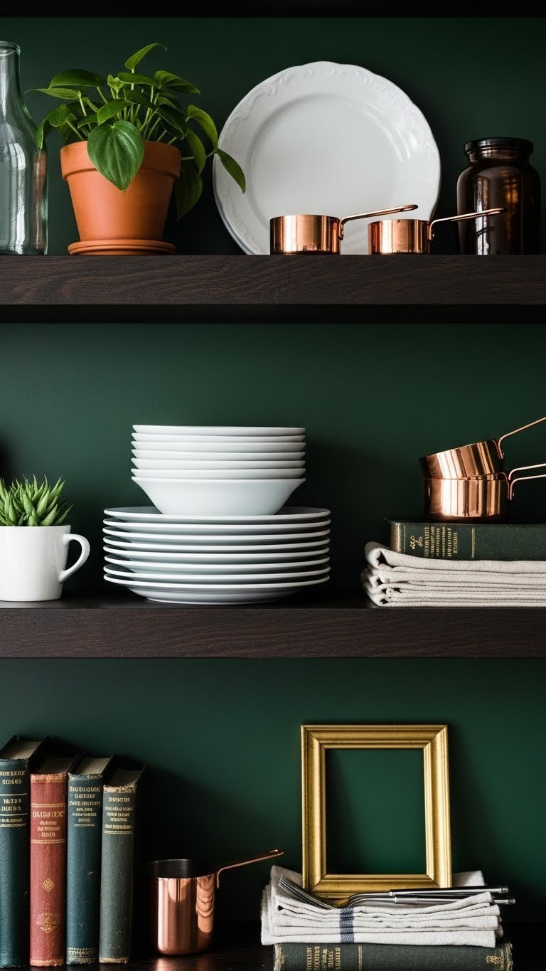 Dark Kitchen Aesthetic Apartment: Chic &Amp; Cozy Design Guide 13 Styled dark kitchen open shelving with rustic wood, white plates, copper cups, and books against an emerald green wall.
