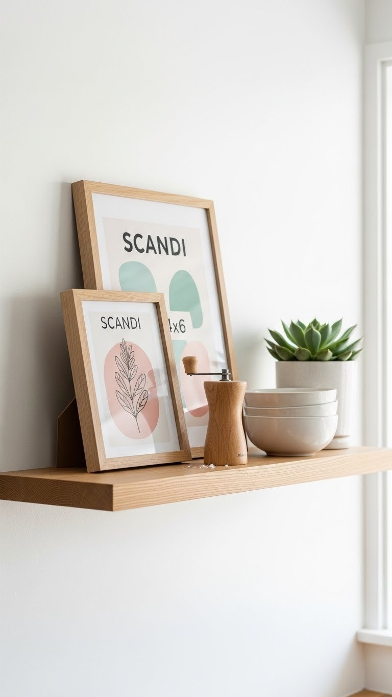 Styled oak floating shelf with two small scandi prints, succulent plant, ceramic bowls and wooden salt grinder on white wall