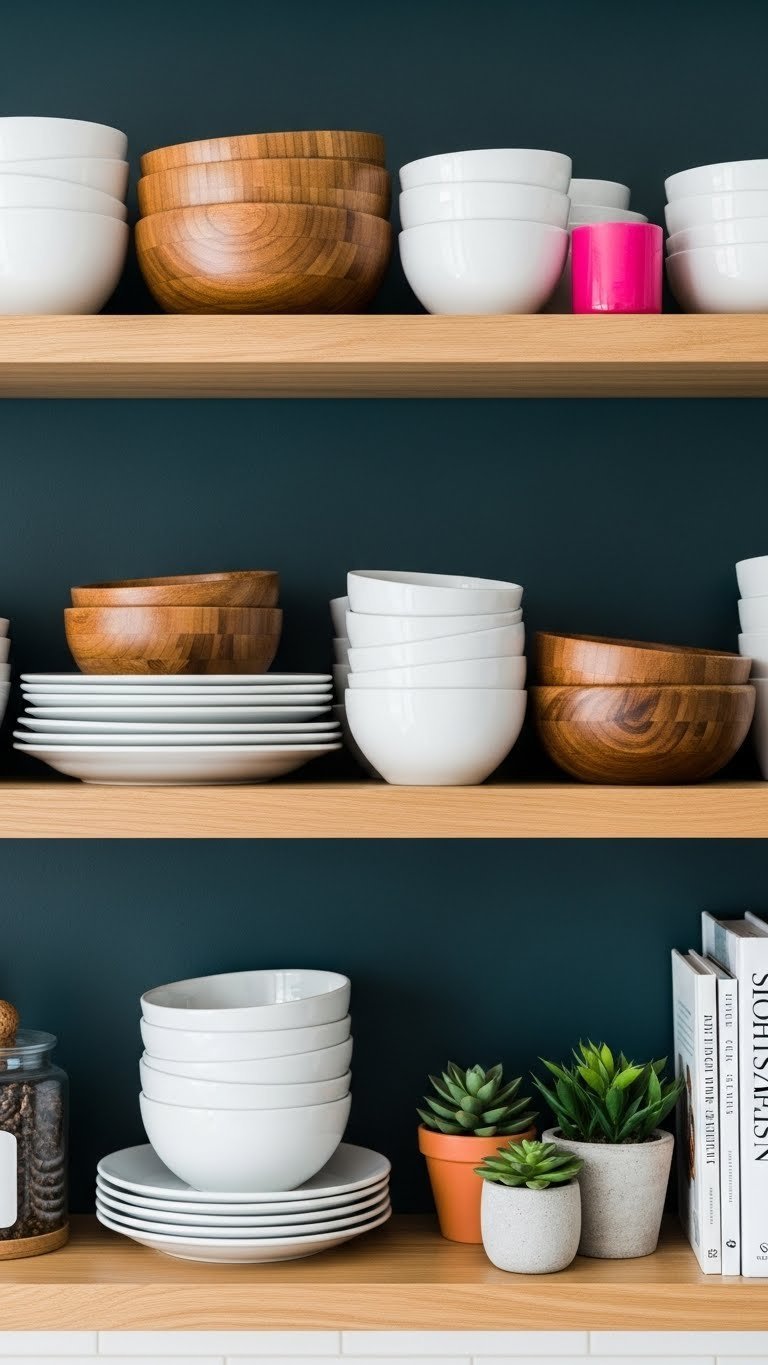 Styled open kitchen shelves on dark teal wall with white ceramics, wooden bowls, succulents. Cozy, inviting interior design.