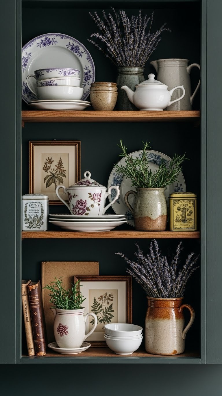 Styled open kitchen shelving: antique china, pottery, dried herbs on rustic wood. Dark walls, soft light, quaint dark kitchen decor.