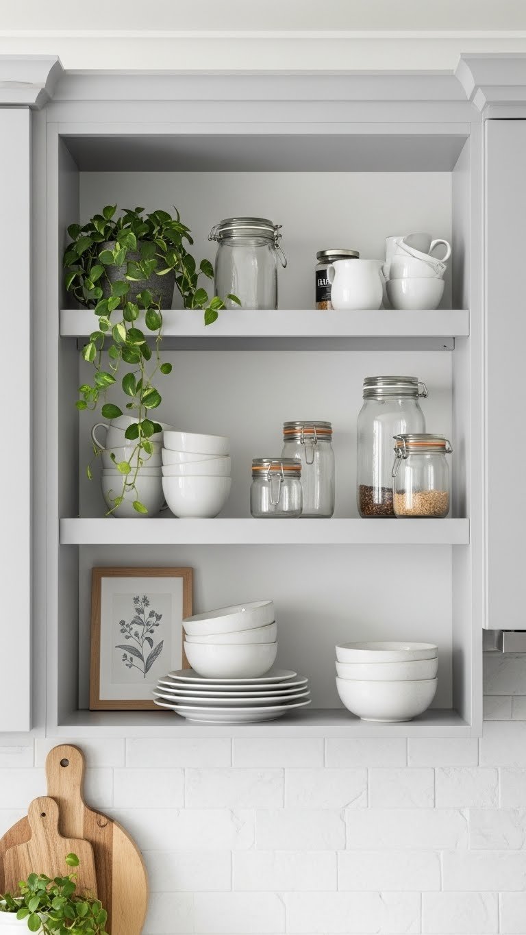 Styled open shelving with curated ceramic dishes and plants in light grey minimalist kitchen with airy daylight illumination.