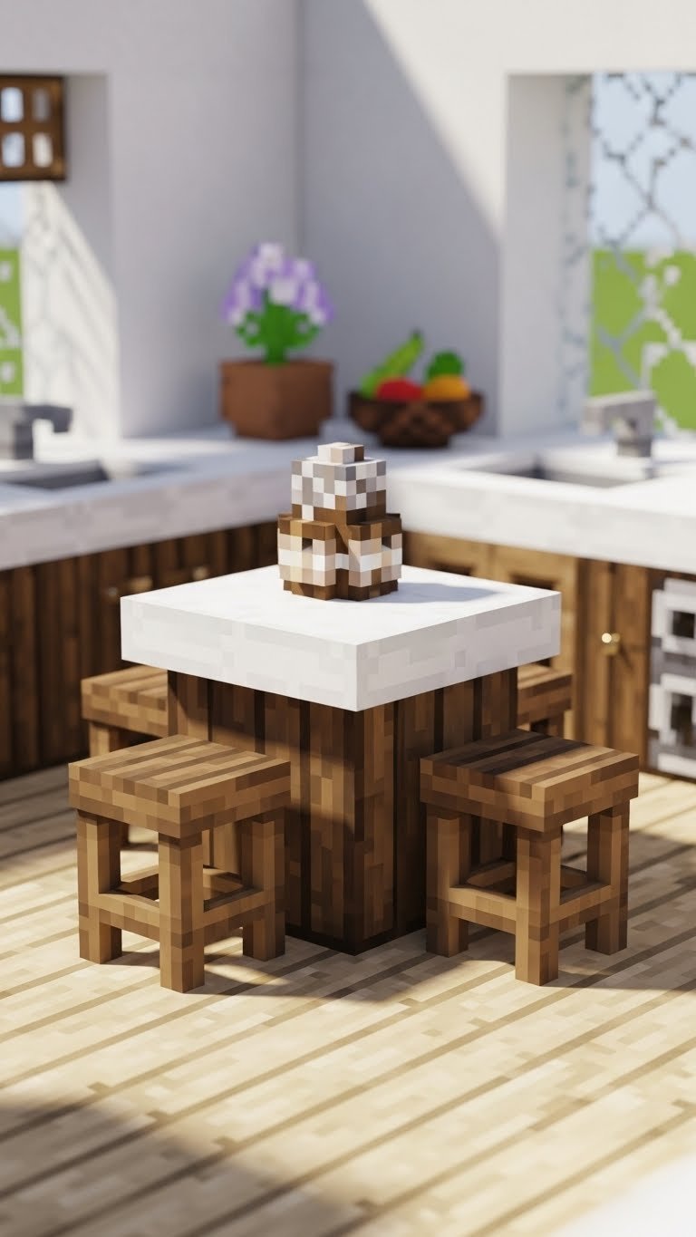 Stylish Minecraft kitchen island with dark oak base, white quartz top, and wooden stools for seating