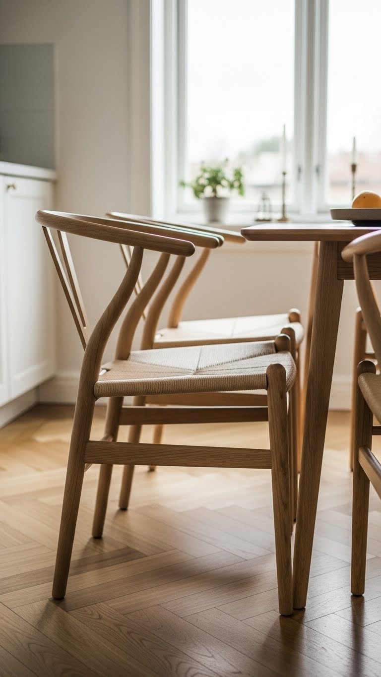 Stylish Scandi dining nook featuring iconic Wishbone chairs in light oak with herringbone wood floor backdrop.