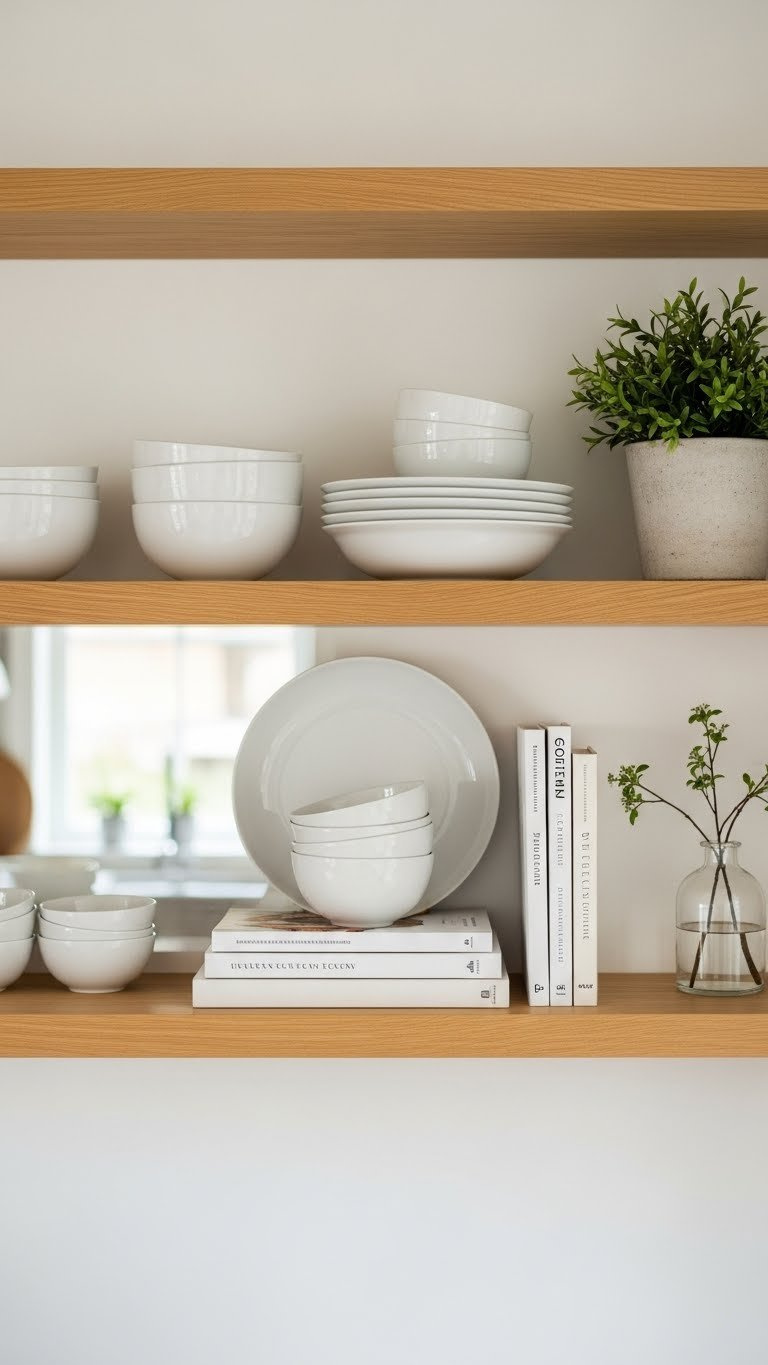 Stylish Scandinavian open shelving with minimalist white ceramic dinnerware, cookbooks, and green plant arranged on light wood floating shelf