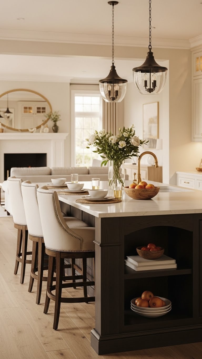 Stylish U-shaped kitchen island with seating, prep surface, and storage. Dark wood, light counter, elegant bar stools. Warm light.