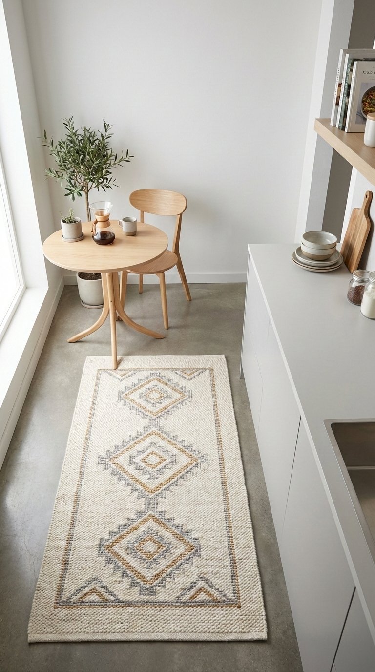 Stylish area rug defining zones in a small kitchen with breakfast nook and minimalist decor elements