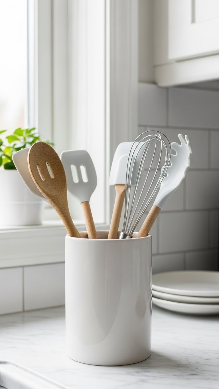 Stylish ceramic utensil holder filled with Scandi kitchen tools on clean marble countertop near window
